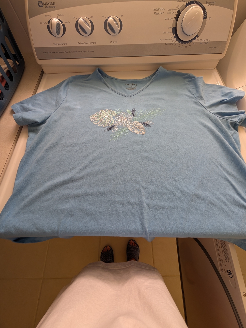 Coral Bay Light Blue Womens V-Neck Tee with Leaf Embroidery